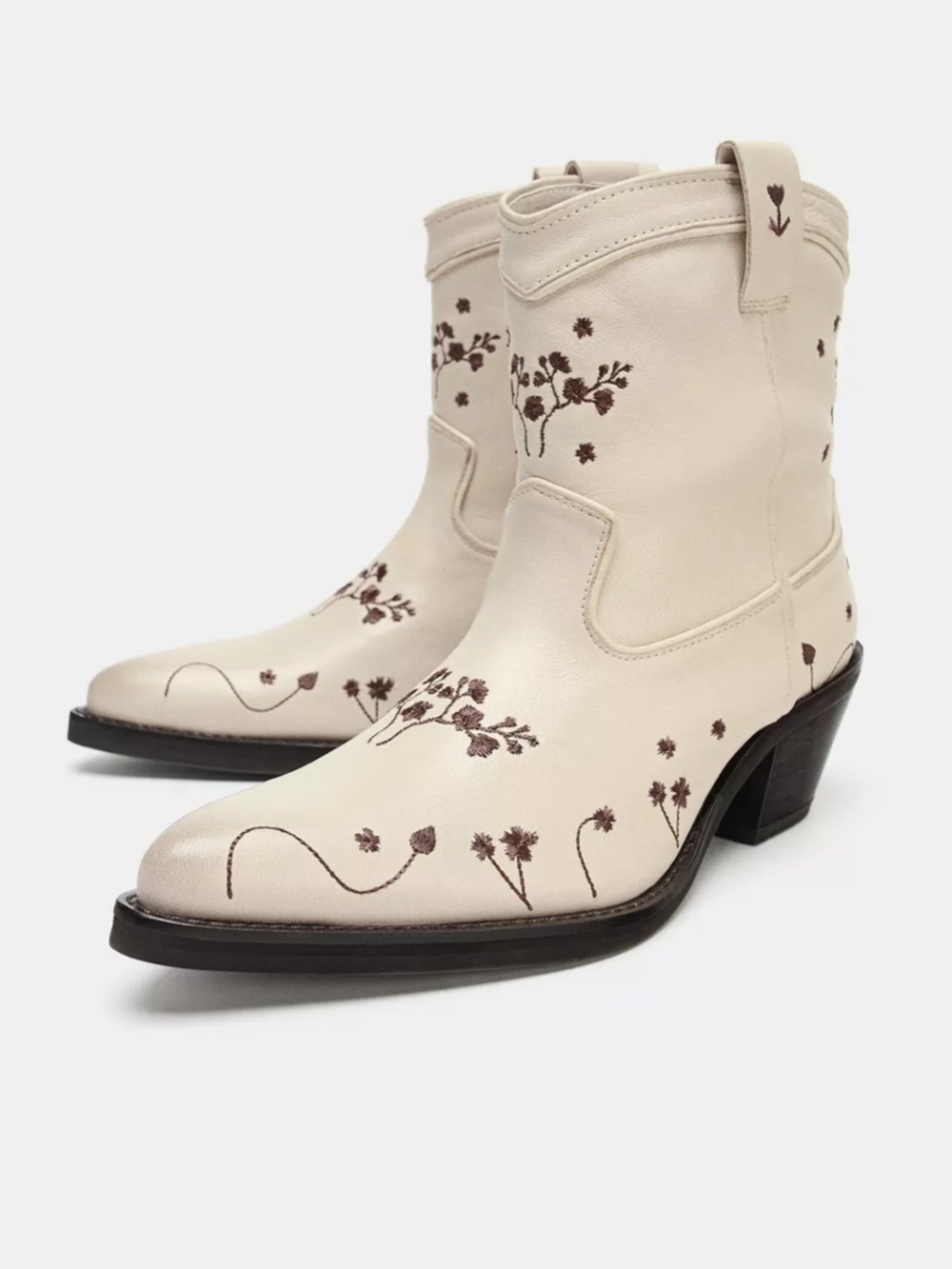 New Zara Leather Embroidered Cowboy Ankle Boots